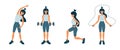 Set of isolated vector illustrations of physical activity, fitness training, gym workout with woman doing different sport Royalty Free Stock Photo