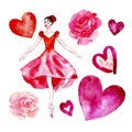 Set of isolated watercolor ballerina in a red scarlet dress, roses, hearts.