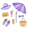 Set of isolated watercolor elements for vacation and beach holidays, parasol, hat, sun protective cream, purse, summer bag, sun Royalty Free Stock Photo