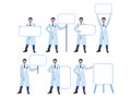 Set, isolated on white background man doctor. Different poses, point to the tables. Cartoon vector flat