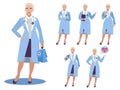 Set, isolated on white background woman doctor. Different poses, tools. Cartoon vector flat