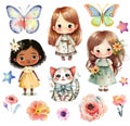 Set of isolated on white cute cartoon little girls, flowers, cat and butterflies. Watercolor painting style. Generative AI Royalty Free Stock Photo