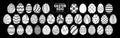 Set of isolated white silhouette Easter eggs in 35 styles.