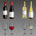 Set of isolated wine bottles and glasses. Red and white wine. Royalty Free Stock Photo