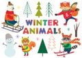 Set of isolated winter fun with animals part 1