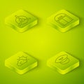 Set Isometric Aircraft hangar, Sun and cloud weather, Pilot hat and Plane propeller icon. Vector