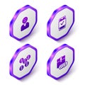 Set Isometric Angry customer, Mobile shopping, Dollar symbol and Item price tag with dollar icon. Purple hexagon button