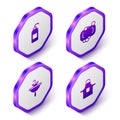 Set Isometric Antibacterial soap, Bar of, Washbasin and Kitchen apron icon. Purple hexagon button. Vector Royalty Free Stock Photo