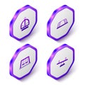 Set Isometric Attraction carousel, Monkey bar, Swings for kids and Seesaw icon. Purple hexagon button. Vector Royalty Free Stock Photo