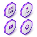 Set Isometric Backgammon board, Chip for game, Game dice and icon. Purple hexagon button. Vector