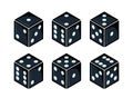 Set of isometric black dices with white dots from different sides view