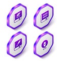 Set Isometric Book about ecology, Books programming, weapon and Microphone icon. Purple hexagon button. Vector