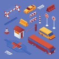 Set isometric of border closure, cars and equipment, stop coronavirus sign on blue bckground. Vector concept collection