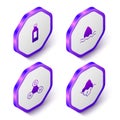 Set Isometric Bottle of water, Water drop, Chemical formula H2O and Iceberg icon. Purple hexagon button. Vector Royalty Free Stock Photo