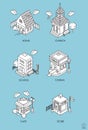 Set of Isometric Buildings. Black and white vector illustration Royalty Free Stock Photo