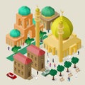 Set of isometric buildings, mosque, minarets, benches, trees, cars and people. Vector cityscape in oriental style