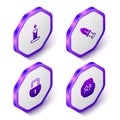 Set Isometric Burning candle, Dagger, Open padlock and Magic runes icon. Purple hexagon button. Vector Royalty Free Stock Photo