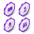 Set Isometric Buy button, Dollar plant, Office chair and folders icon. Purple hexagon button. Vector