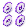 Set Isometric Buyer, Shopping day, Stacks paper money cash and Wallet icon. Purple hexagon button. Vector