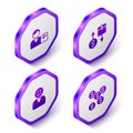 Set Isometric Buyer, Tax cardboard box, Happy customer and Dollar symbol icon. Purple hexagon button. Vector