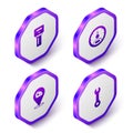 Set Isometric Car key with remote, Speedometer, Racing helmet and Wrench spanner icon. Purple hexagon button. Vector