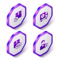Set Isometric Cardboard box with discount, Armored truck, New collection and Buyer icon. Purple hexagon button. Vector