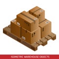 Set of isometric cardboard boxes and pallet. Warehouse equipment.
