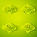 Set Isometric Carrot, Barbecue grill, Leaf or leaves and Waterproof rubber boot icon. Vector