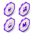 Set Isometric Carton cardboard box, Cardboard boxes pallet, and icon. Purple hexagon button. Vector Royalty Free Stock Photo