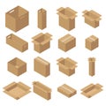 Set of isometric carton packaging boxes. Closed and open cardboard box.