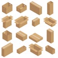 Set of isometric carton packaging boxes. Closed and open cardboard box.