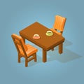 Set of the isometric cartoon table and two chairs. Royalty Free Stock Photo