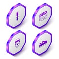 Set Isometric Chisel tool, Wooden logs, Lumberjack and plane icon. Purple hexagon button. Vector
