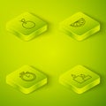 Set Isometric Citrus fruit, Stopwatch, Burning candle and Apple icon. Vector Royalty Free Stock Photo