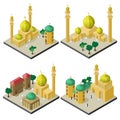 Set of isometric cityscapes with arabic cultural buildings