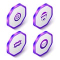 Set Isometric Compass, Sailor, Nautical rope knots and Ship porthole icon. Purple hexagon button. Vector