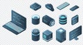 Set of isometric computer technology. Isometric set server equipment. Technology isometric icons. Digital technology items. Vector Royalty Free Stock Photo