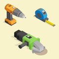 A set of isometric construction tools. Screwdriver, steel tape, angle grinder. Royalty Free Stock Photo