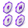 Set Isometric Creative lamp light idea, Electric meter, and Wire electric cable on reel icon. Purple hexagon button Royalty Free Stock Photo