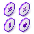 Set Isometric Credit card, Barcode, Price tag with dollar and Paper shopping bag icon. Purple hexagon button. Vector Royalty Free Stock Photo