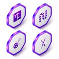 Set Isometric Crossword, Board game, Classic dart board and arrow and Crossed billiard cues icon. Purple hexagon button