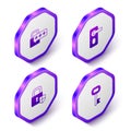 Set Isometric Cyber security, Fingerprint door lock, Shield with and Old key icon. Purple hexagon button. Vector Royalty Free Stock Photo