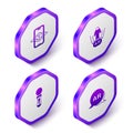 Set Isometric 3d modeling, Augmented reality AR, VR controller game and icon. Purple hexagon button. Vector