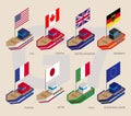 Set of isometric 3d ships with flags of Group of Seven