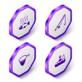 Set Isometric Dead fish, Fishing rod, net and Fisherman boat icon. Purple hexagon button. Vector Royalty Free Stock Photo