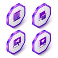 Set Isometric Decree, parchment, scroll, Daily paper notepad, Book and Romance book icon. Purple hexagon button. Vector Royalty Free Stock Photo