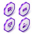 Set Isometric Delivery cargo truck, Buy button, Online shopping screen and Buyer icon. Purple hexagon button. Vector