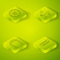 Set Isometric Desert landscape with cactus, Horseshoe, Kayak or canoe and paddle and Old wooden wheel icon. Vector