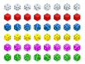 Set of isometric dice combination. White, red, yellow, green, blue and purple poker cubes vector isolated.