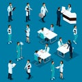 Set Isometric Doctors Hospital Staff Nurse 3D surgeons and patients. Health experts hospital isolated on a blue background. Vector